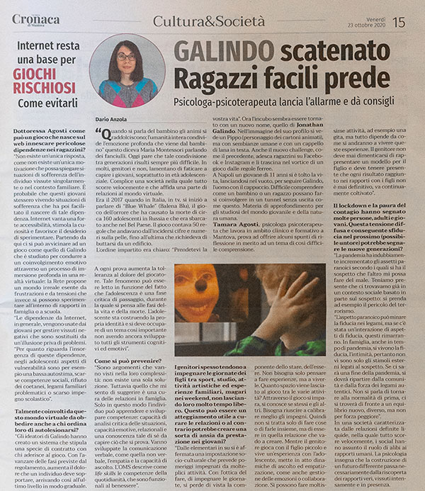 Intervista Tamara Agosti La Nuova Cronaca di Mantova 23 ottobre 2020